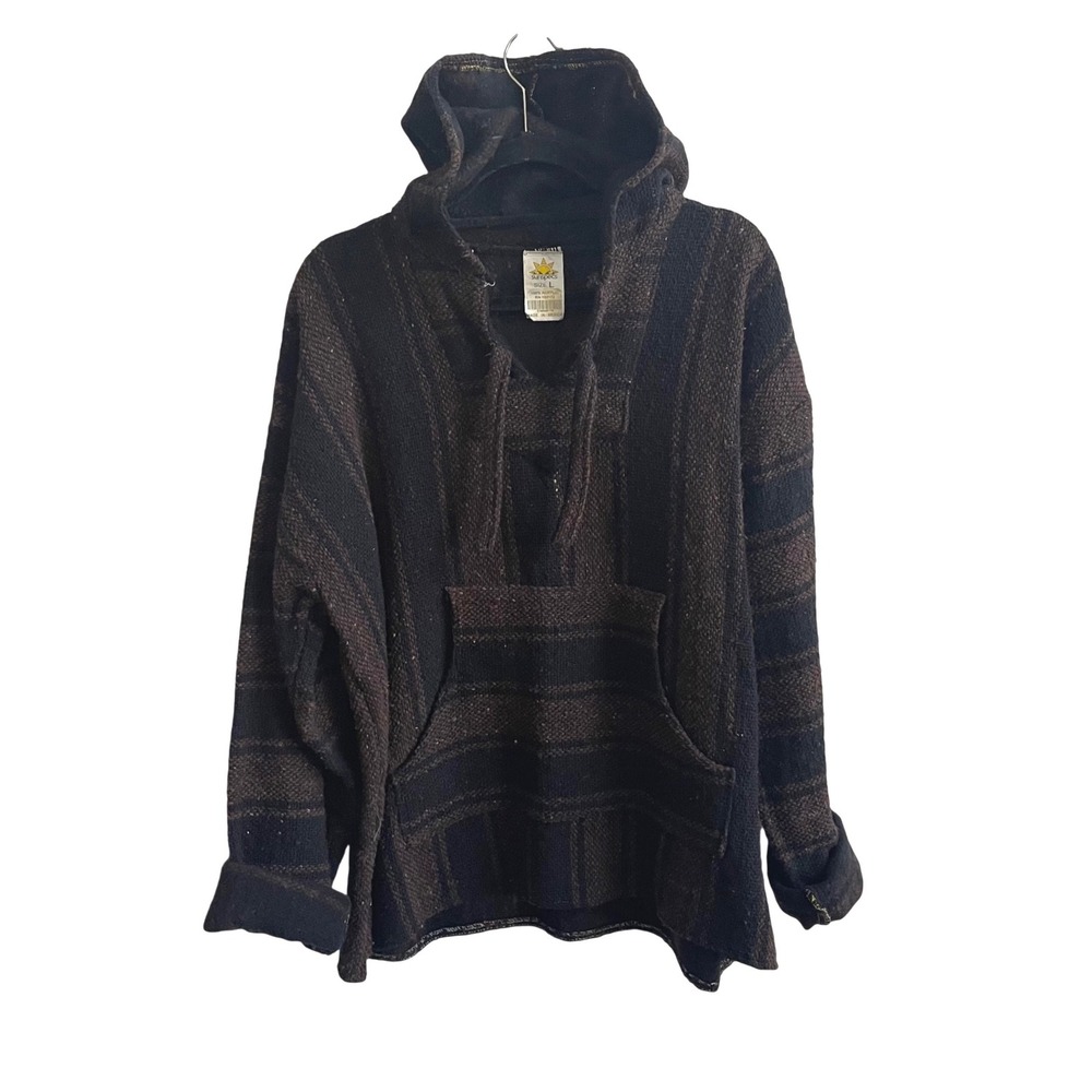 Sunspecs Baja Hoodie Men Large Brown Black Boho Surfer Striped Drug Rug Pullover
